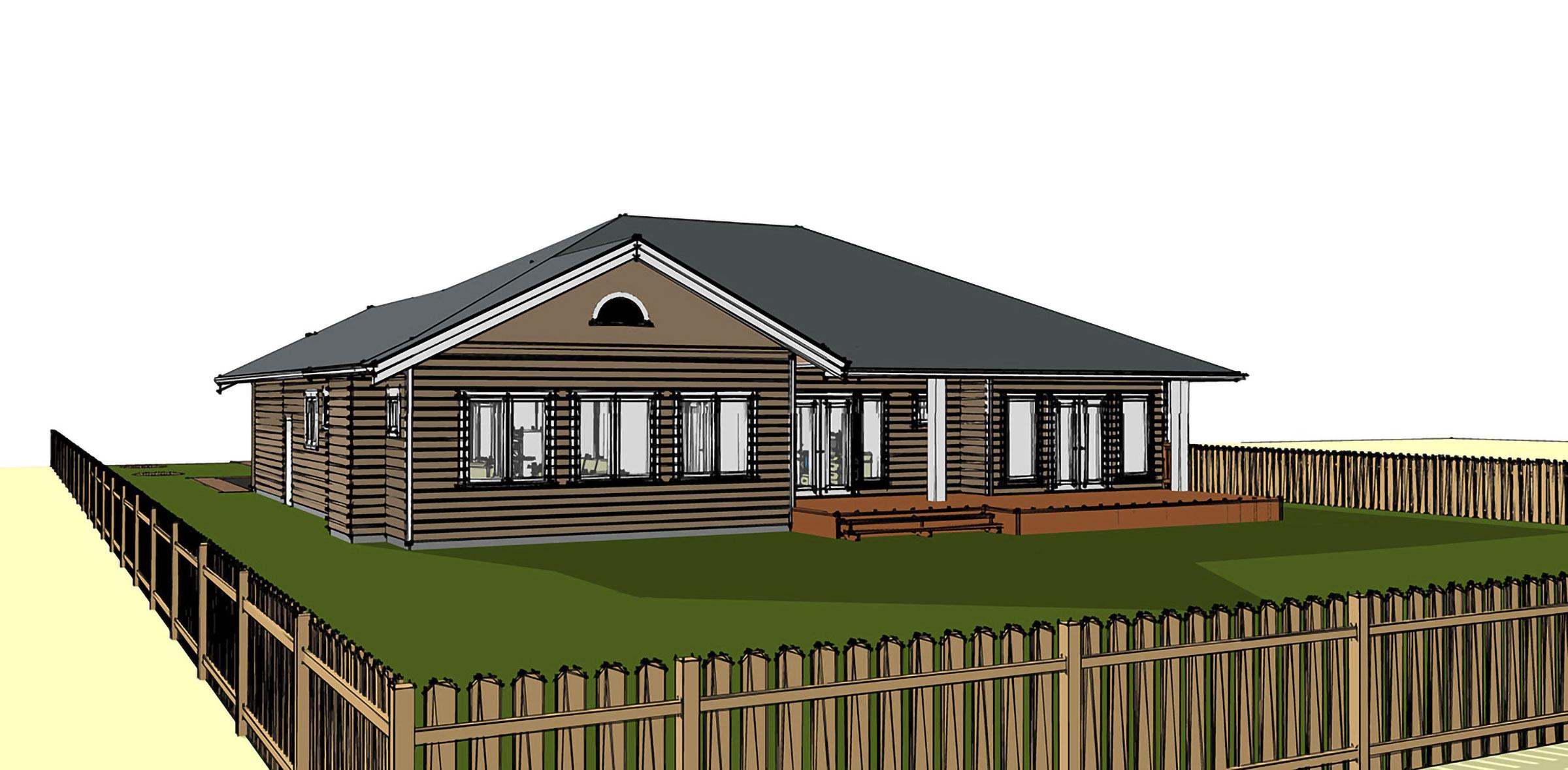 House plan exterior: single-story ranch with horizontal siding, prominent gables, and a covered porch with deck.