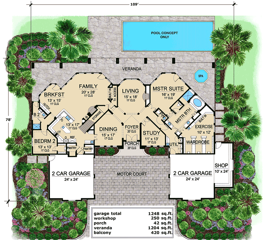 Plan 36127TX: 4-Bed House Plan with Elegant Motor Court and High Ceilings - Floor Plan - Main Level - European, French Country, Mediterranean