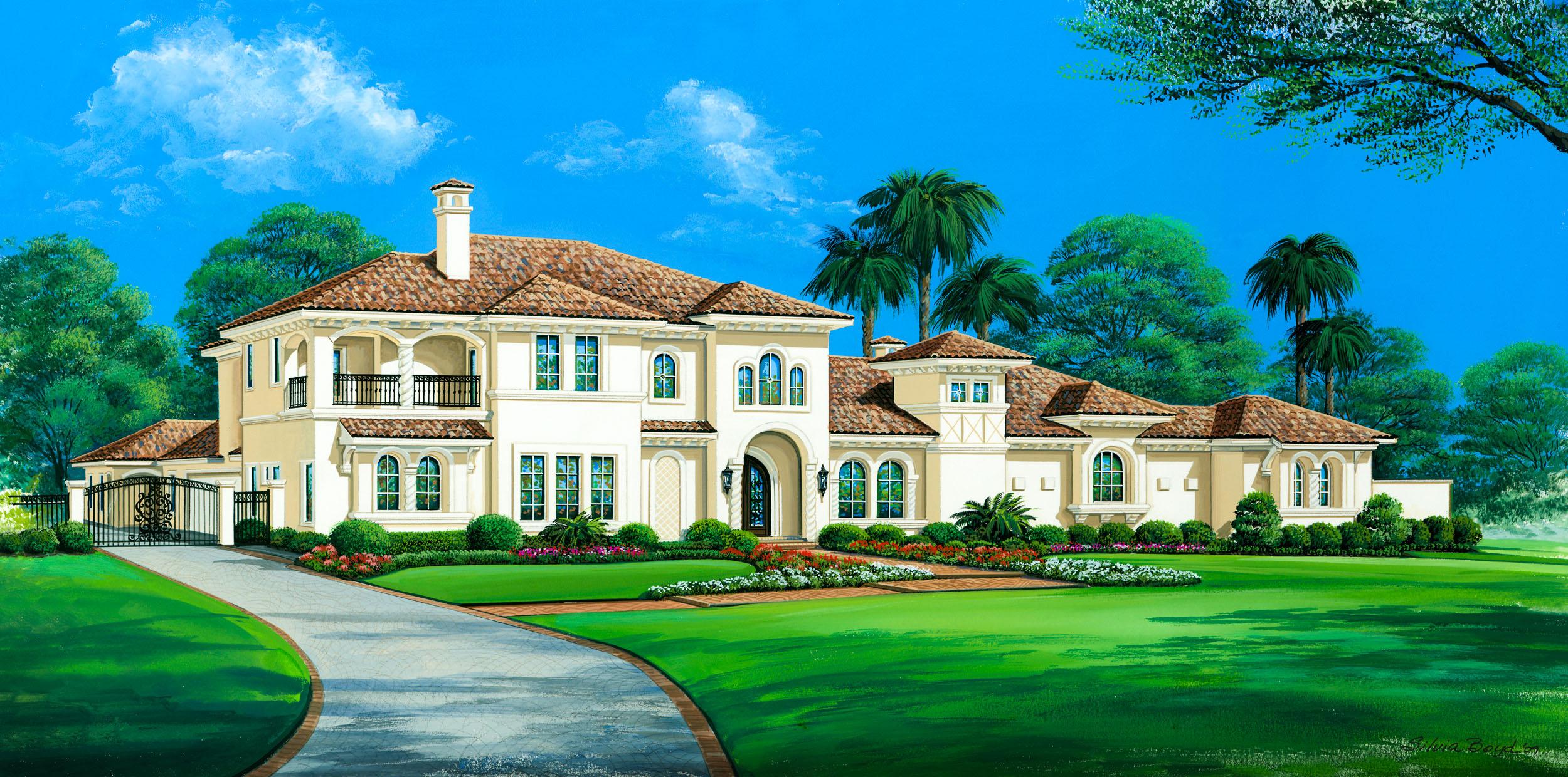 Mediterranean style house plan exterior, two stories, arched windows, balcony, tile roof, and prominent chimney.
