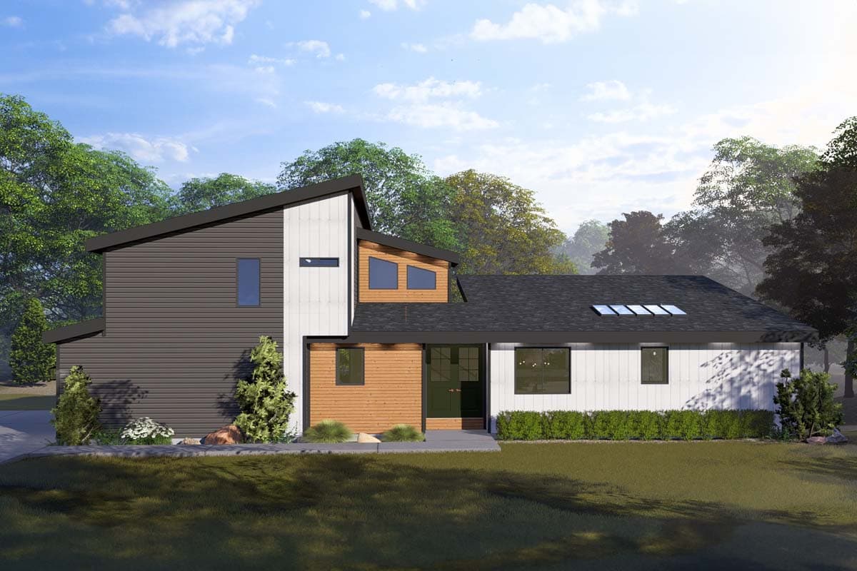 House plan exterior. Modern style with a single story, asymmetrical rooflines, and mixed siding materials. Includes clerestory windows.