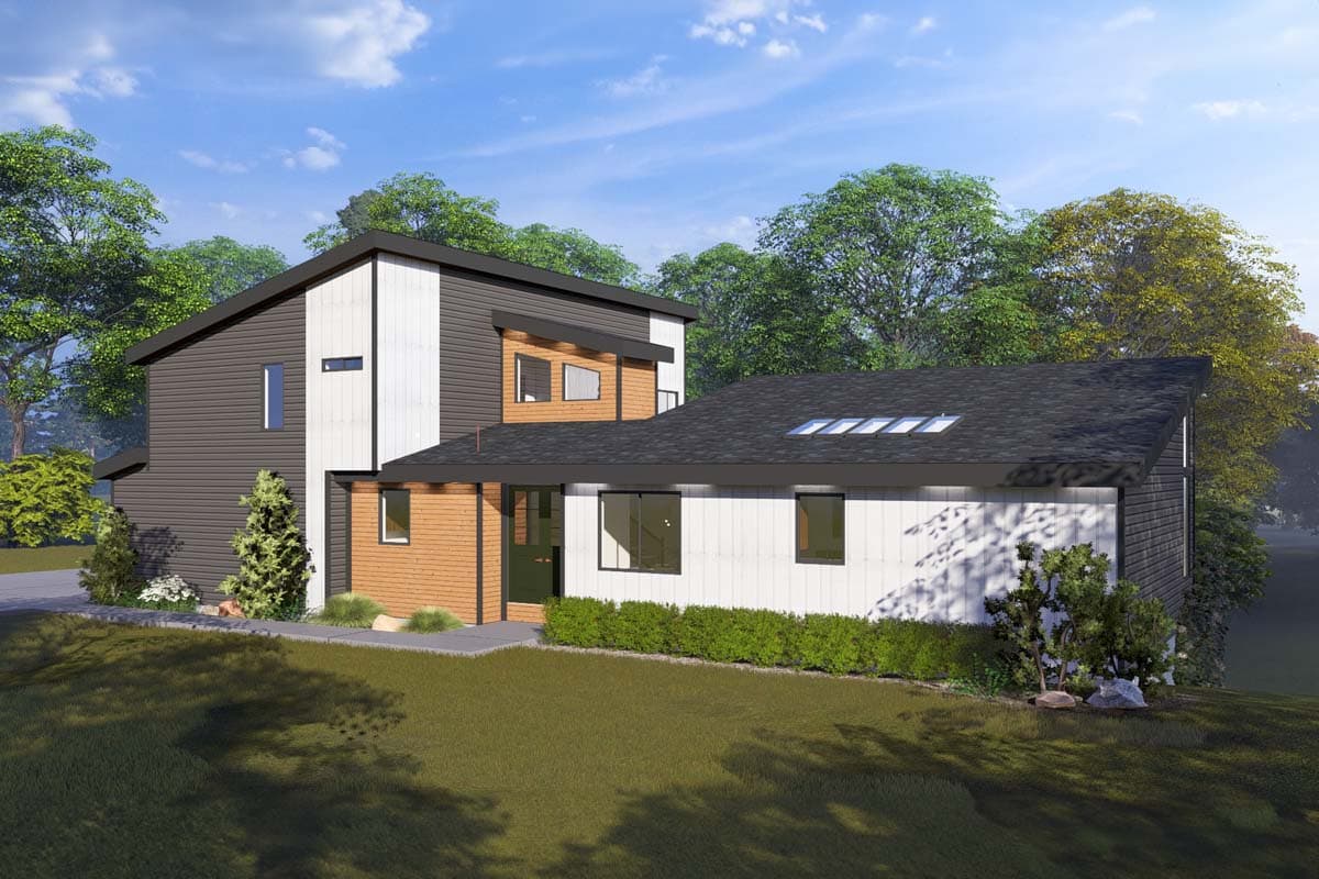 House plan exterior: Modern style, two stories, featuring mixed siding, asymmetrical gables, and a clerestory window.