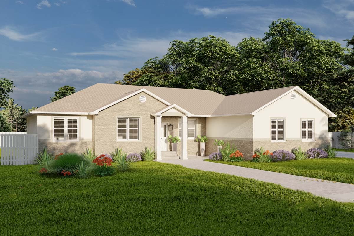 Ranch style house plan exterior with a covered entry porch, gabled dormer, and stone and stucco facade.