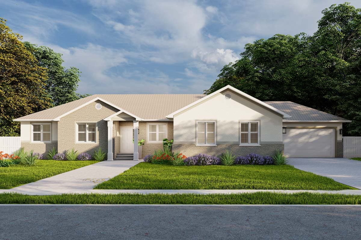 House plan exterior. Ranch-style house with one story, covered porch, multiple gables, and an attached garage with a two-car bay.