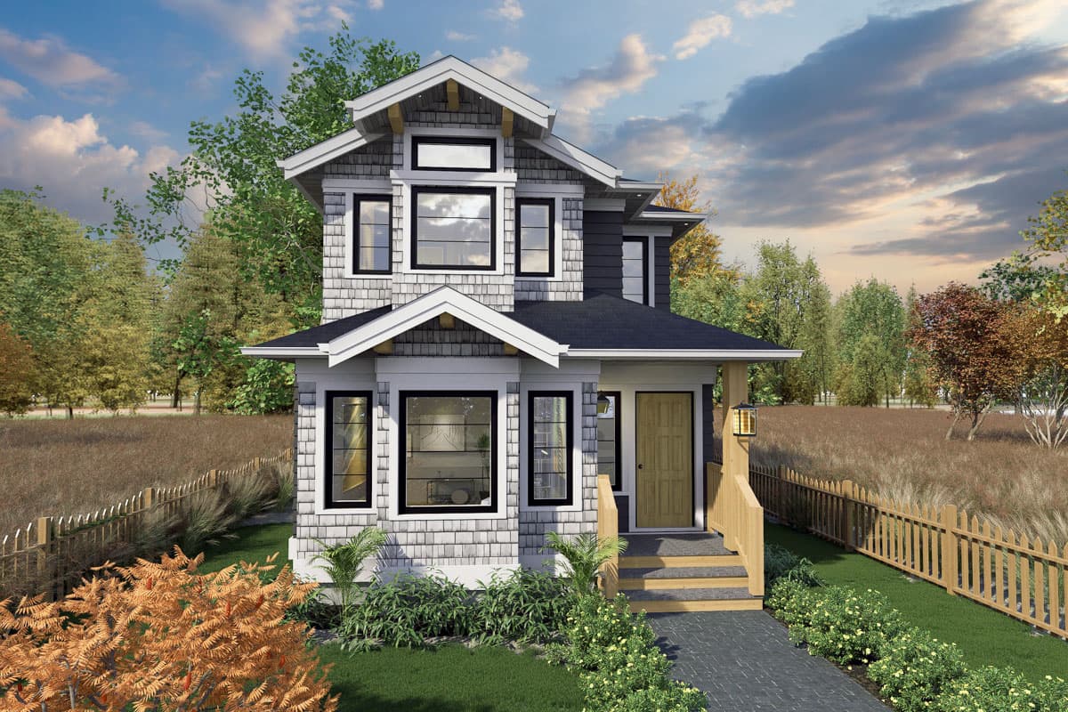 Two-story house plan exterior with shingle siding, multiple gables, stacked windows, and a covered front porch.
