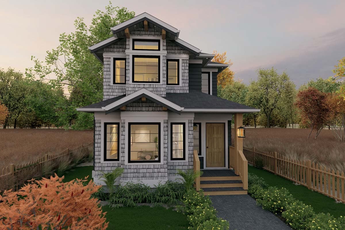 House plan exterior: two-story Modern Craftsman with shingle siding, prominent gables, deep eaves, and a covered front porch.