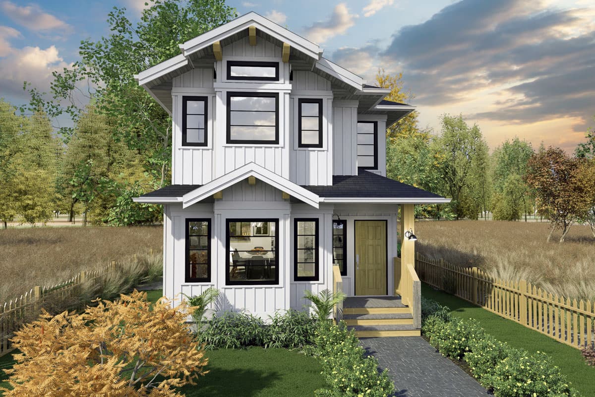 House plan exterior. Two-story Craftsman home with a gabled roof, rectangular windows with black trim, and a small front porch.