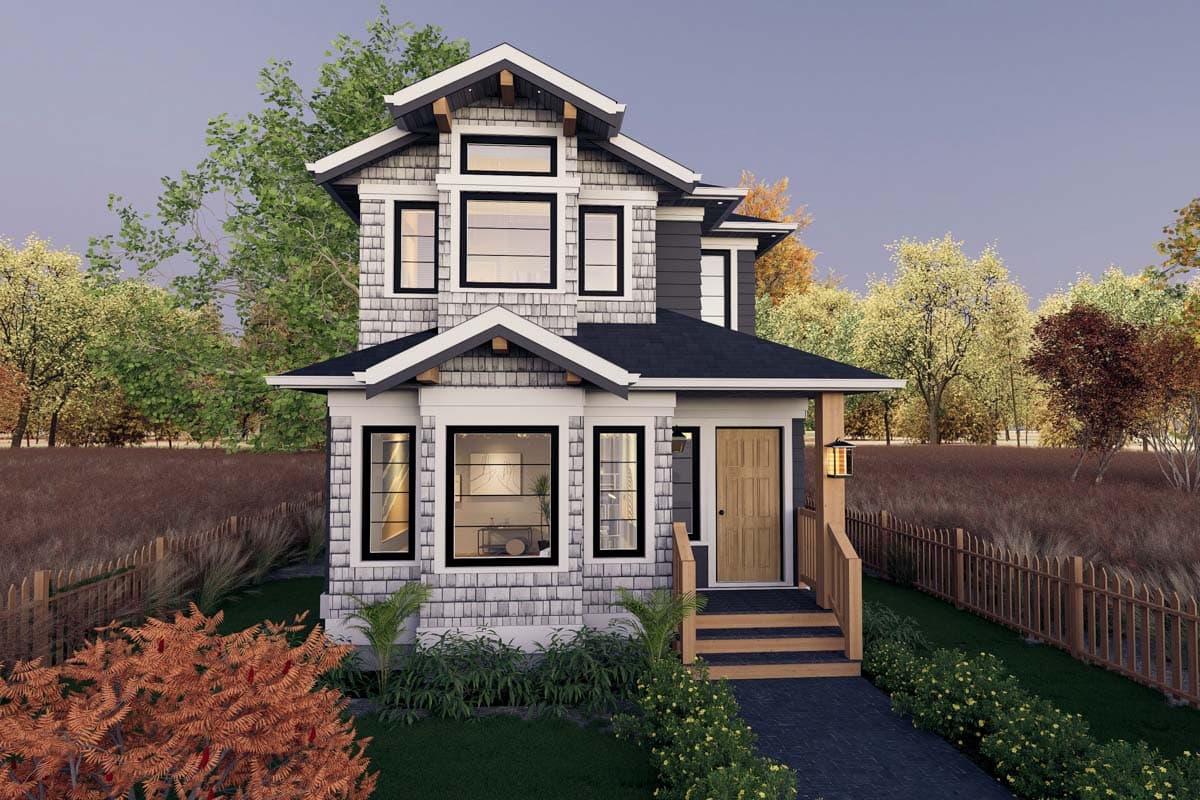 House plan exterior: two-story modern home with decorative gables, cedar shake siding, and a covered front porch with wooden posts.