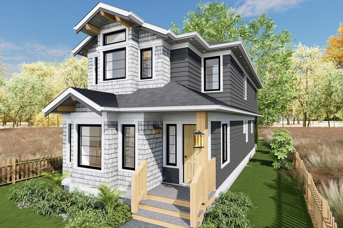 House plan exterior of a two-story modern home with varied rooflines, shingle siding, and a covered front porch with a wooden railing.