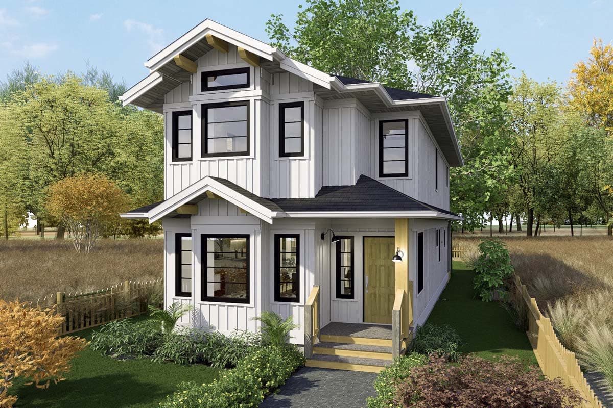 House plan exterior: two-story, board-and-batten siding, multiple gables, and a covered entry with wooden posts.