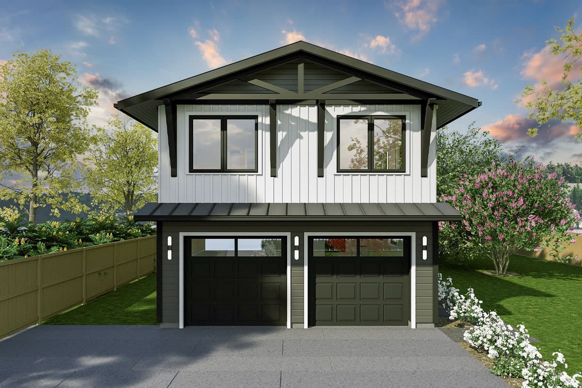 Two-story house plan exterior with a gable roof, two-car garage, and board-and-batten siding.