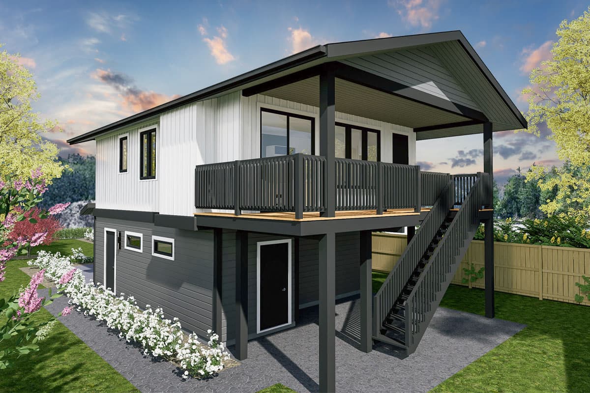 Modern house plan exterior, two stories, with a wraparound deck, vertical siding, and a prominent gable roof.