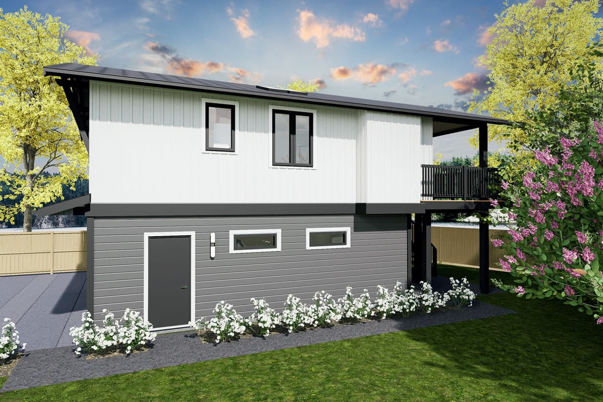 House plan exterior: Two-story modern home with a sloping roofline, white vertical siding, grey horizontal siding, and a second-story balcony.