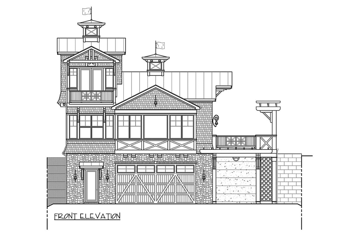 Front elevation house plan featuring stone and shingle siding, a multi-level roof, dormers, balconies, and a three-car garage.