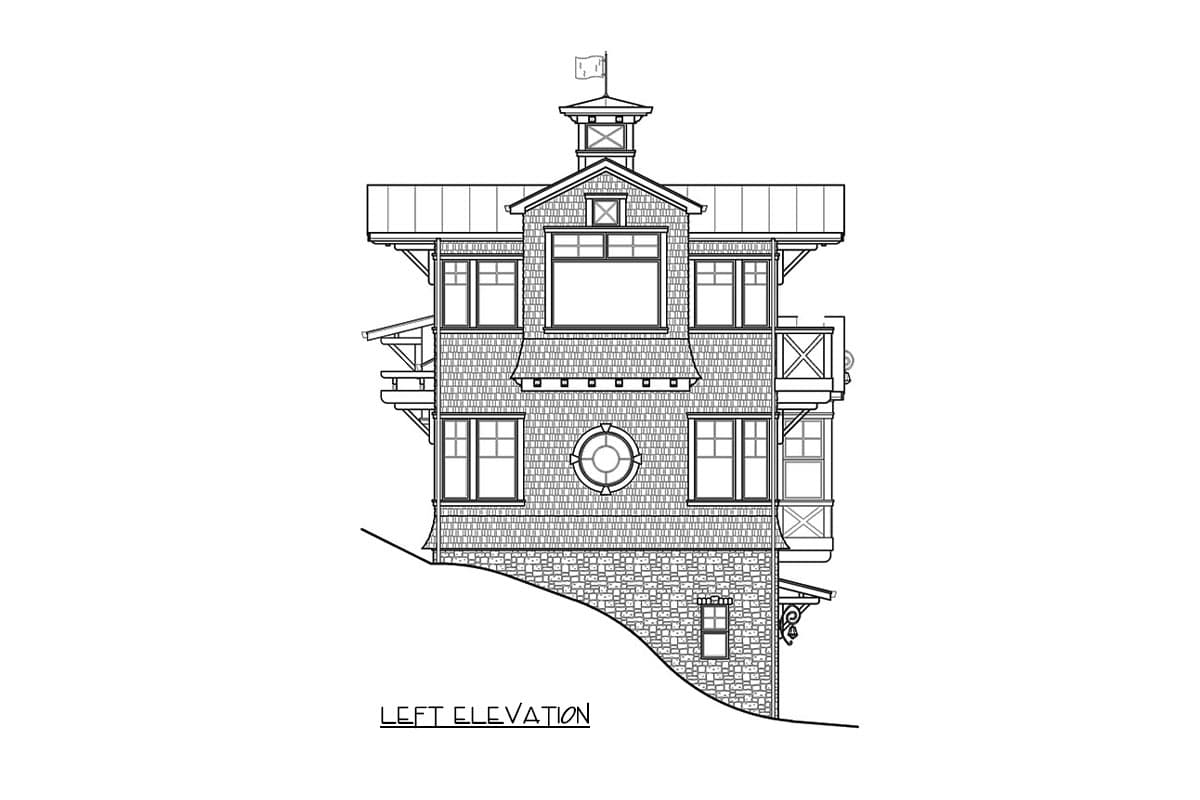 Left elevation house plan drawing with shingle siding, stone foundation, multiple windows, balconies, and a cupola.
