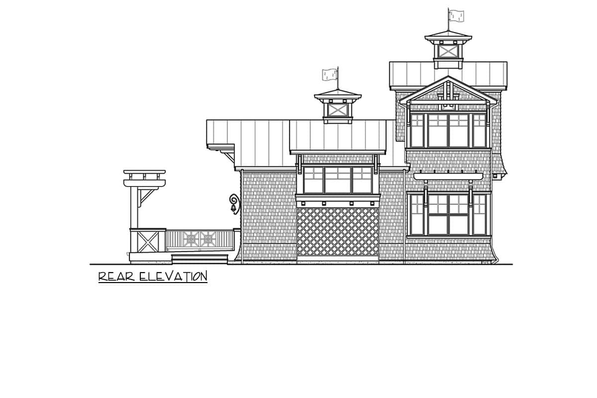 Rear elevation drawing of house plan with multiple gables, dormers, a porch, and varied shingle siding.