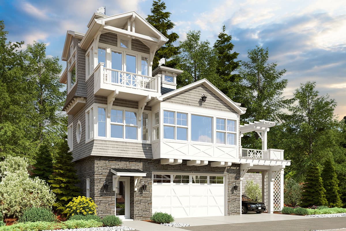 House plan exterior with Craftsman style, three stories, multiple gables, a balcony, and a garage.