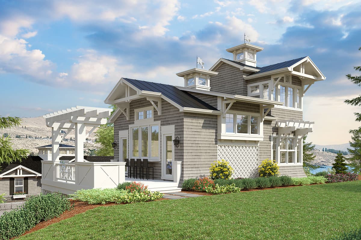 House plan exterior: Craftman style, two stories, prominent gables, dormers, cupola, and a white pergola.
