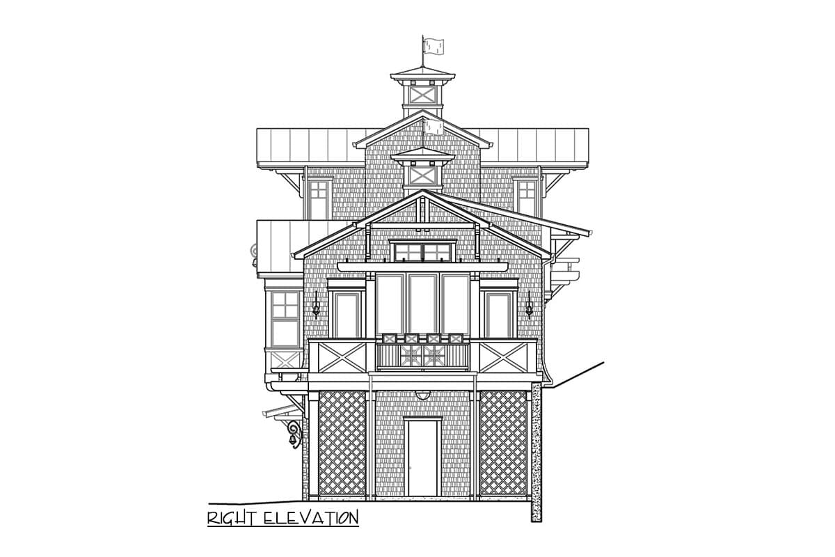 Right elevation house plan: Multiple stories, balconies, dormers, gables, and a cupola with flag.