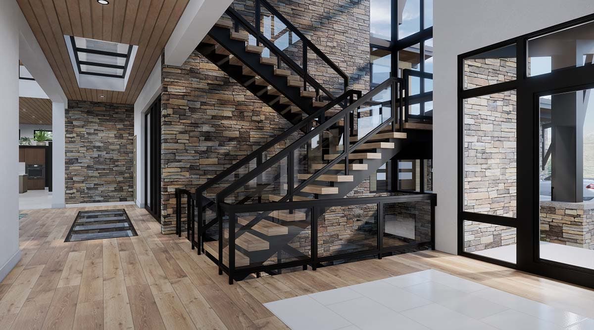 Modern interior rendering with wood floors, stacked stone accent walls, and a floating staircase with glass railing.