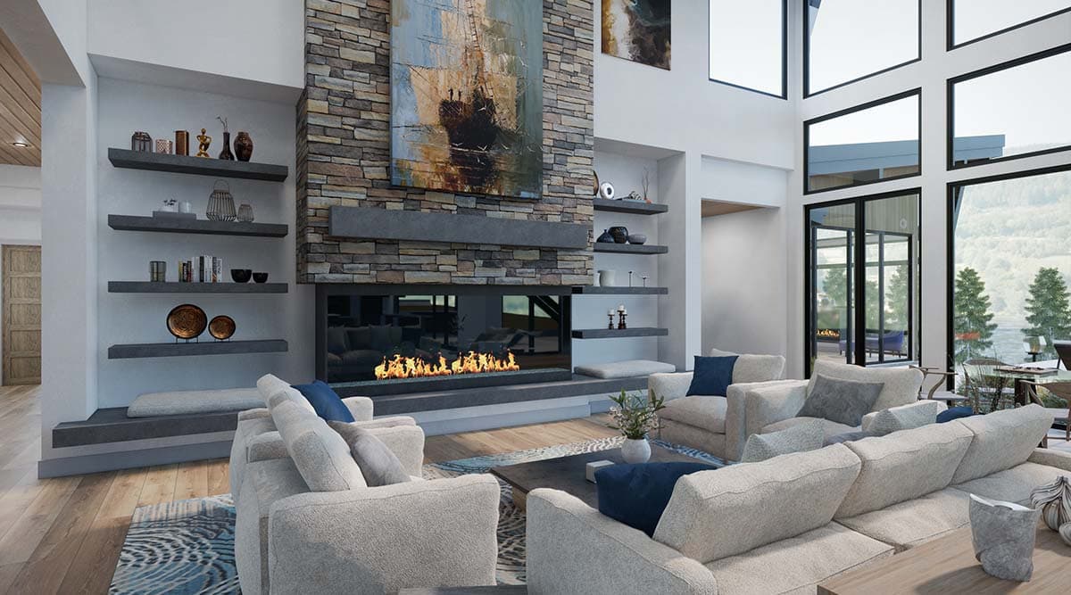 Contemporary living room with double-height stone fireplace, floating shelves, and large windows.
