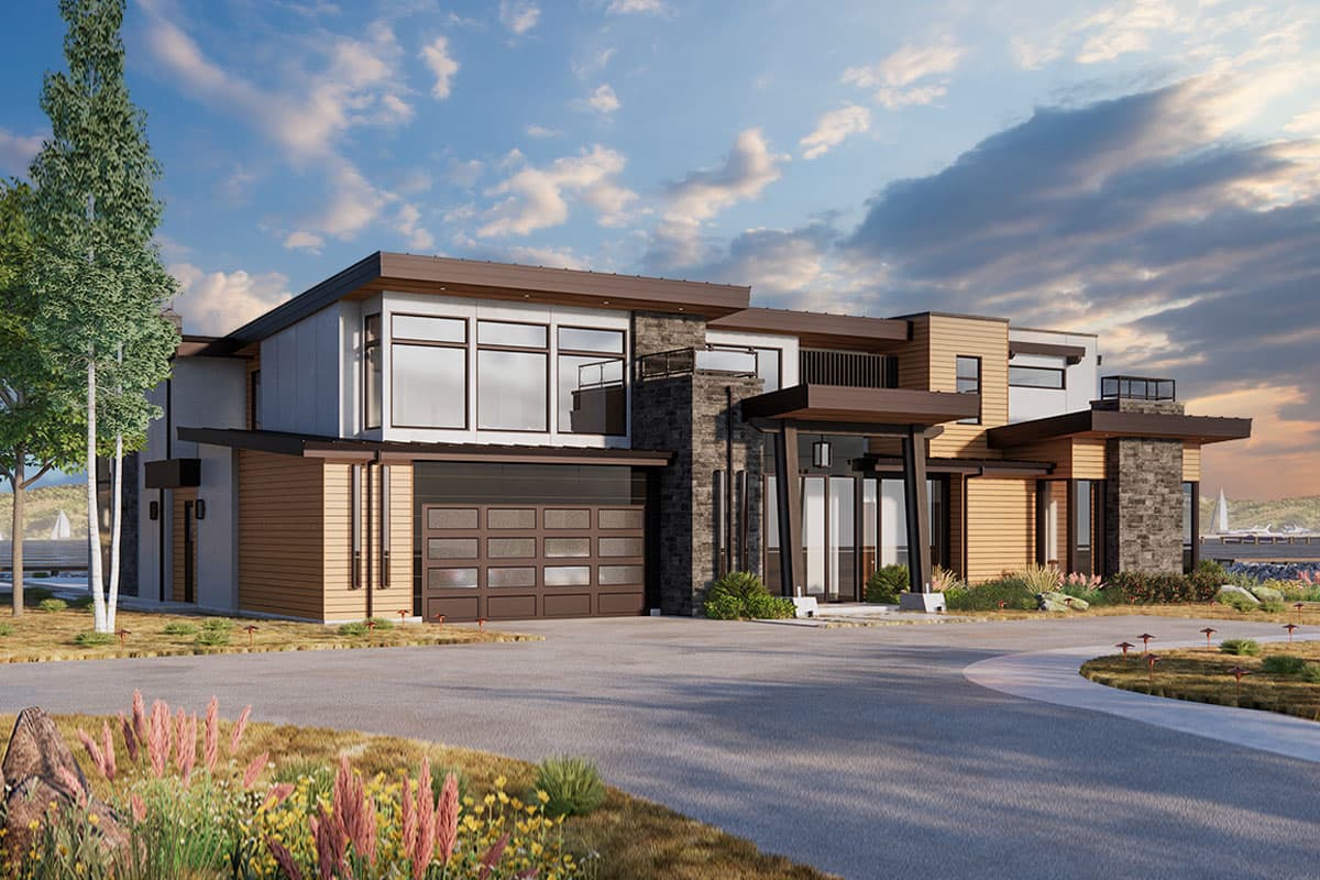 House plan exterior with modern design. Two-story structure featuring a flat roof, stone accents, and an attached garage with glass panel doors.