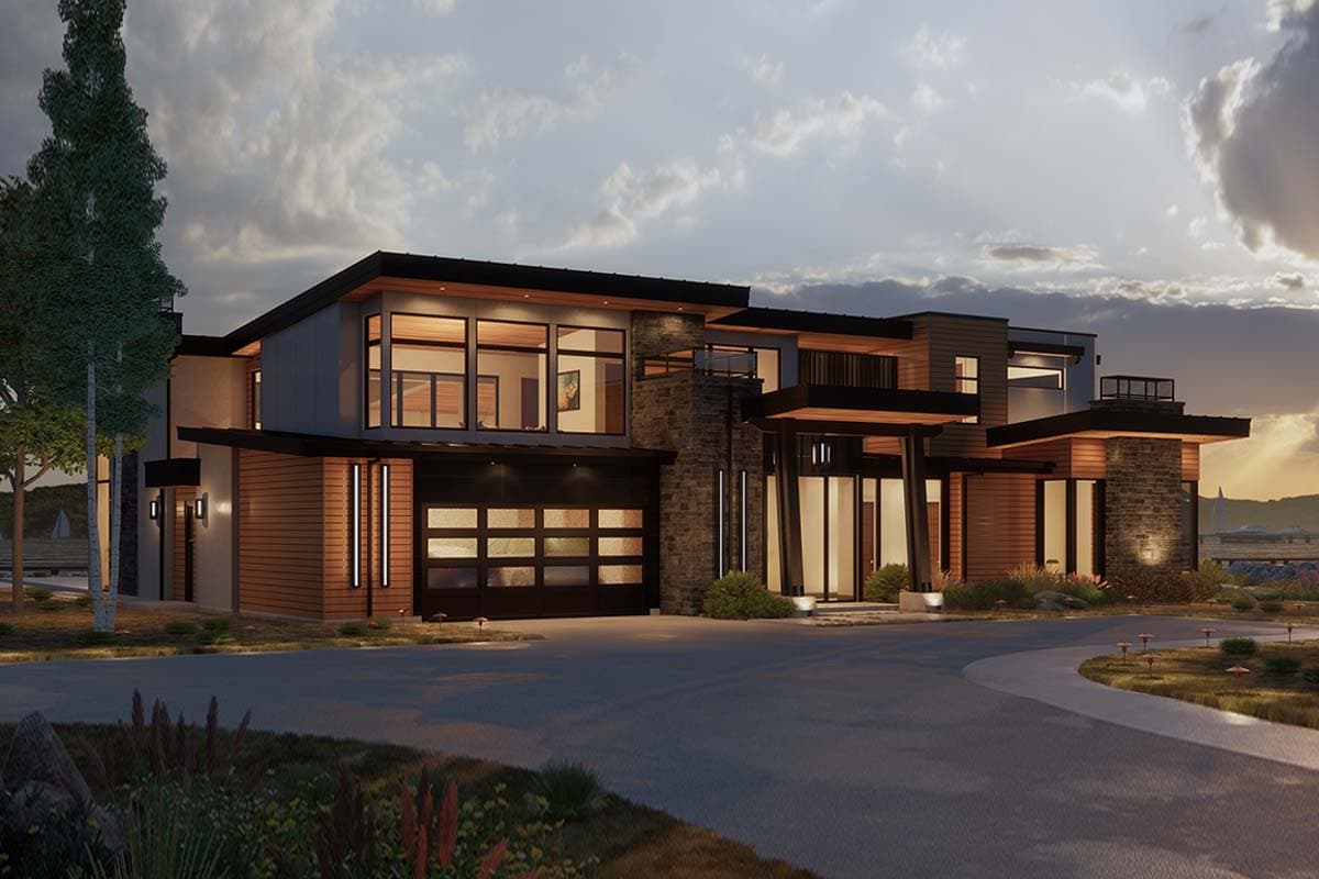 Modern house plan exterior with wood siding, stone accents, glass garage door, and multiple rooflines.