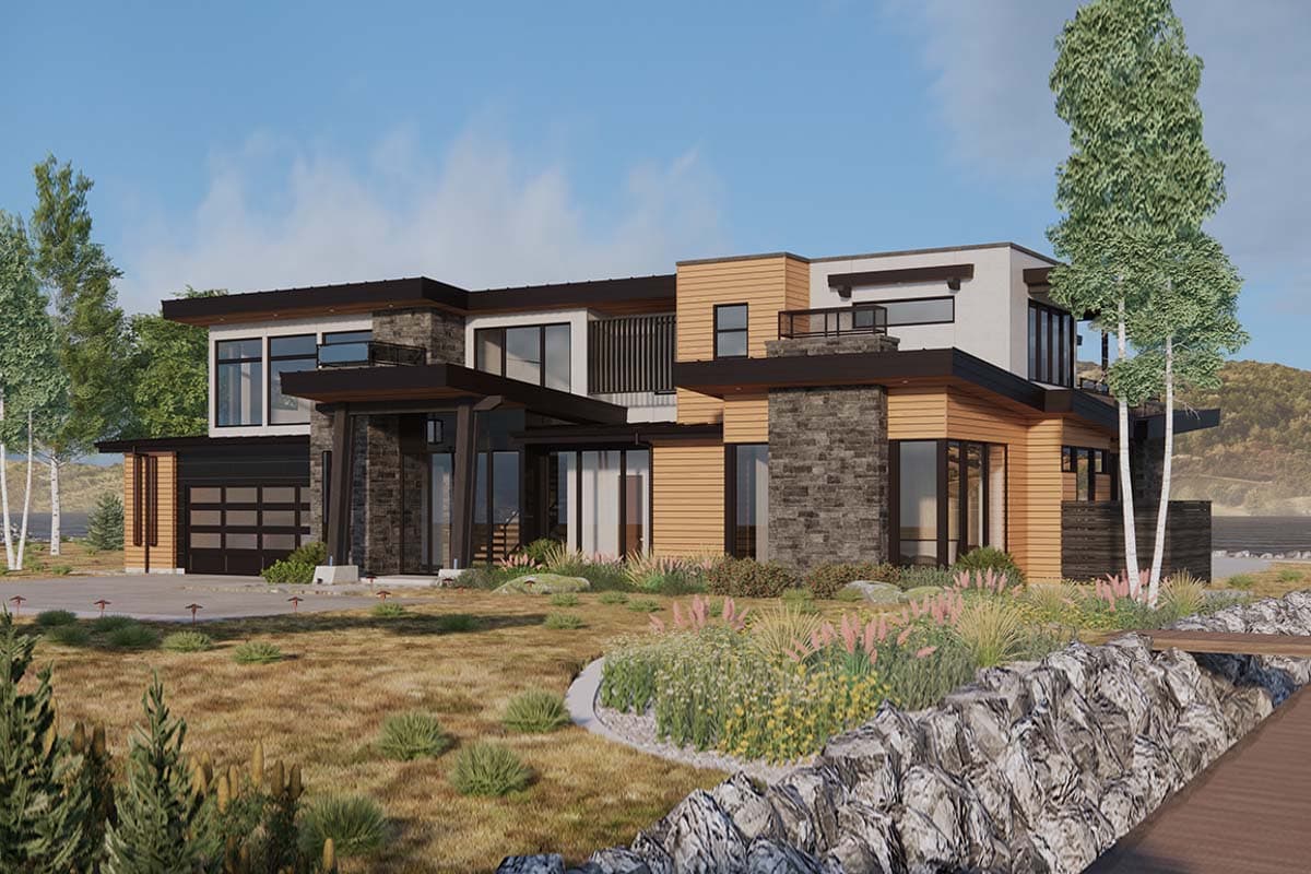 Modern house plan exterior, two stories, featuring cantilevered rooflines, stone and wood siding, and a prominent entry.