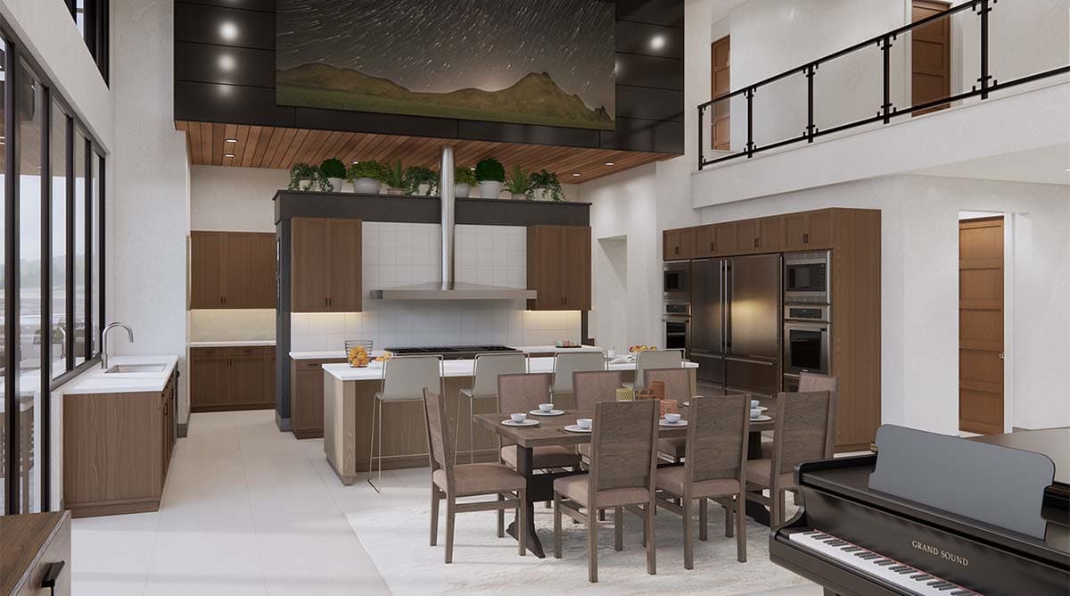 Open-concept living area with kitchen, dining space, and piano. Features high ceilings, large windows, and a loft overlooking the main floor.