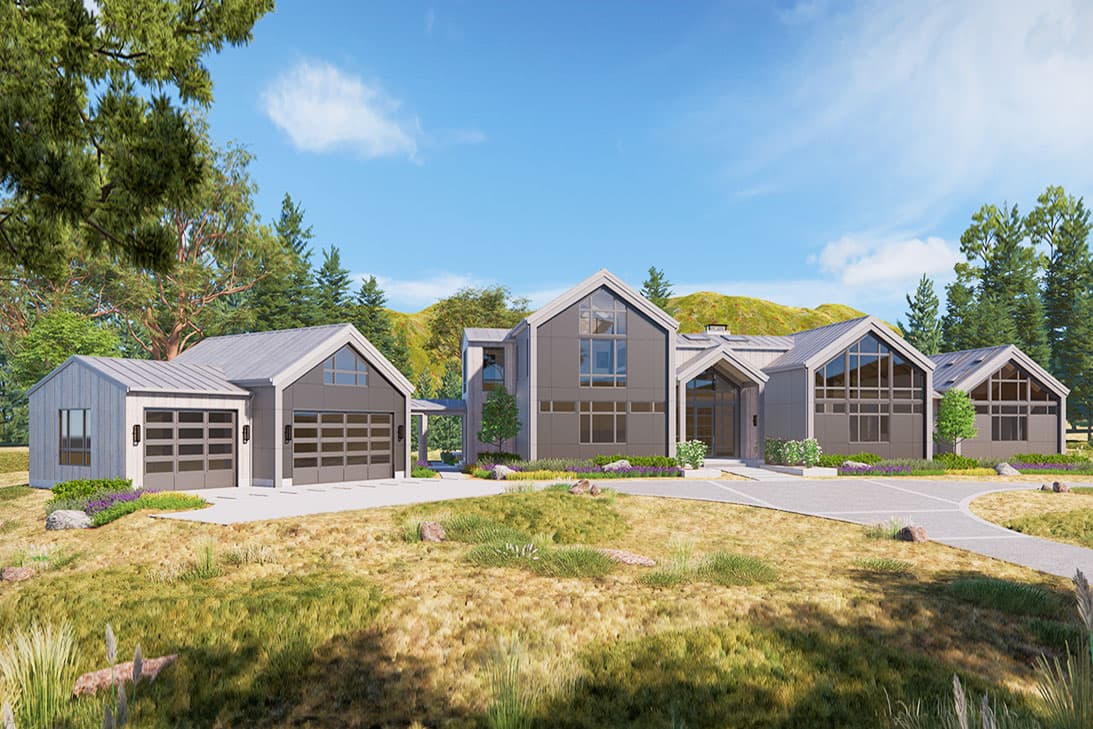 House plan exterior. Modern style with multiple gabled rooflines, large windows, and a detached garage with glass doors. Two-story structure.