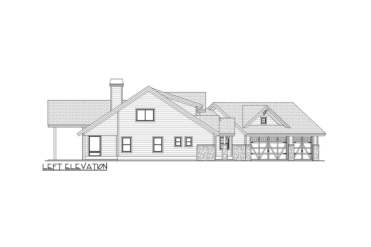 Left elevation house plan with stone accents, prominent gables, dual garage doors, and covered entryway.