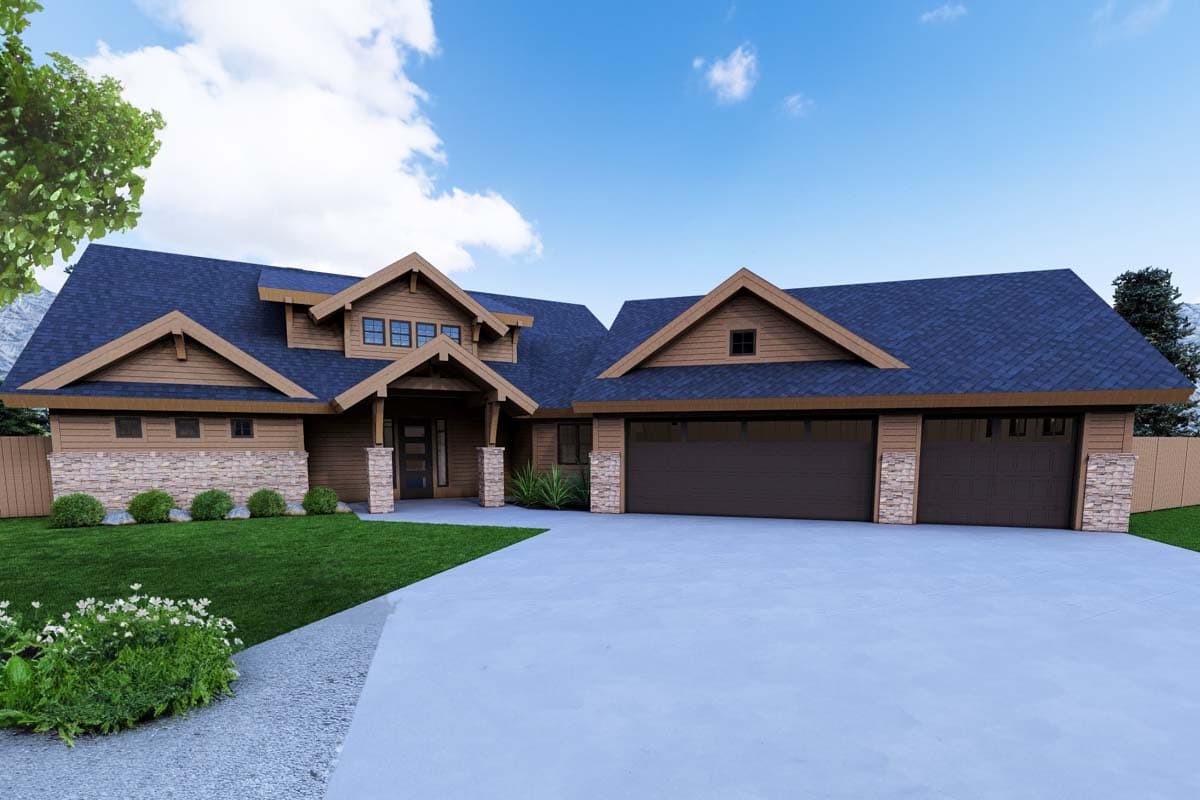 House plan exterior featuring Craftsman style, two stories, gable rooflines, and a covered front porch with stone accents and a three-car garage.