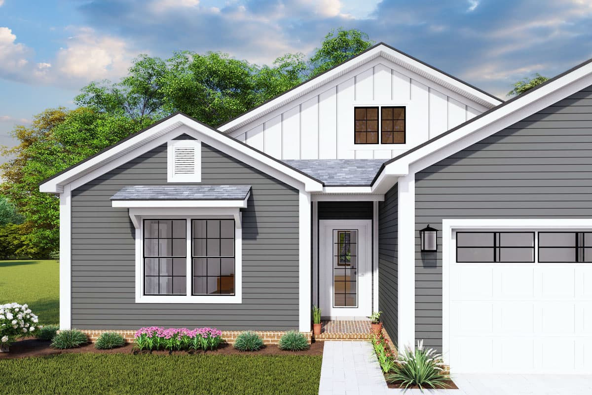 Modern Farmhouse house plan exterior with gabled dormer, board and batten siding, and a two-car garage.