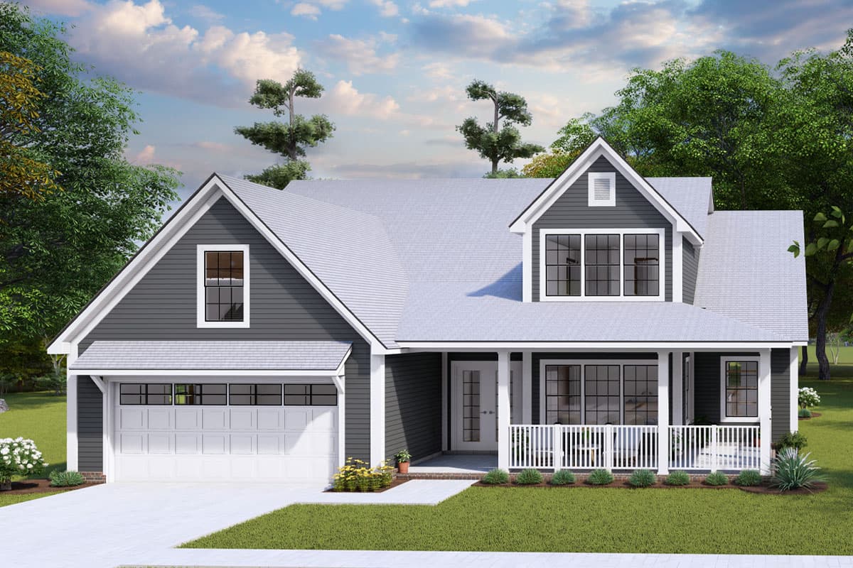 House plan exterior. Two-story Modern Farmhouse with gables, a front porch with a railing, and a side-entry garage.