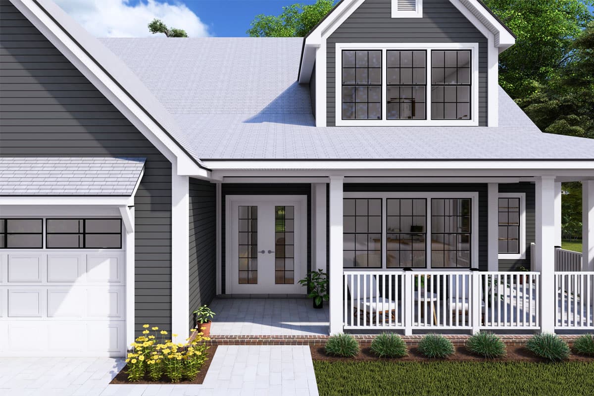 House plan exterior: Modern Farmhouse style, two stories, featuring a detached garage, covered front porch with white railings, and multiple gables.