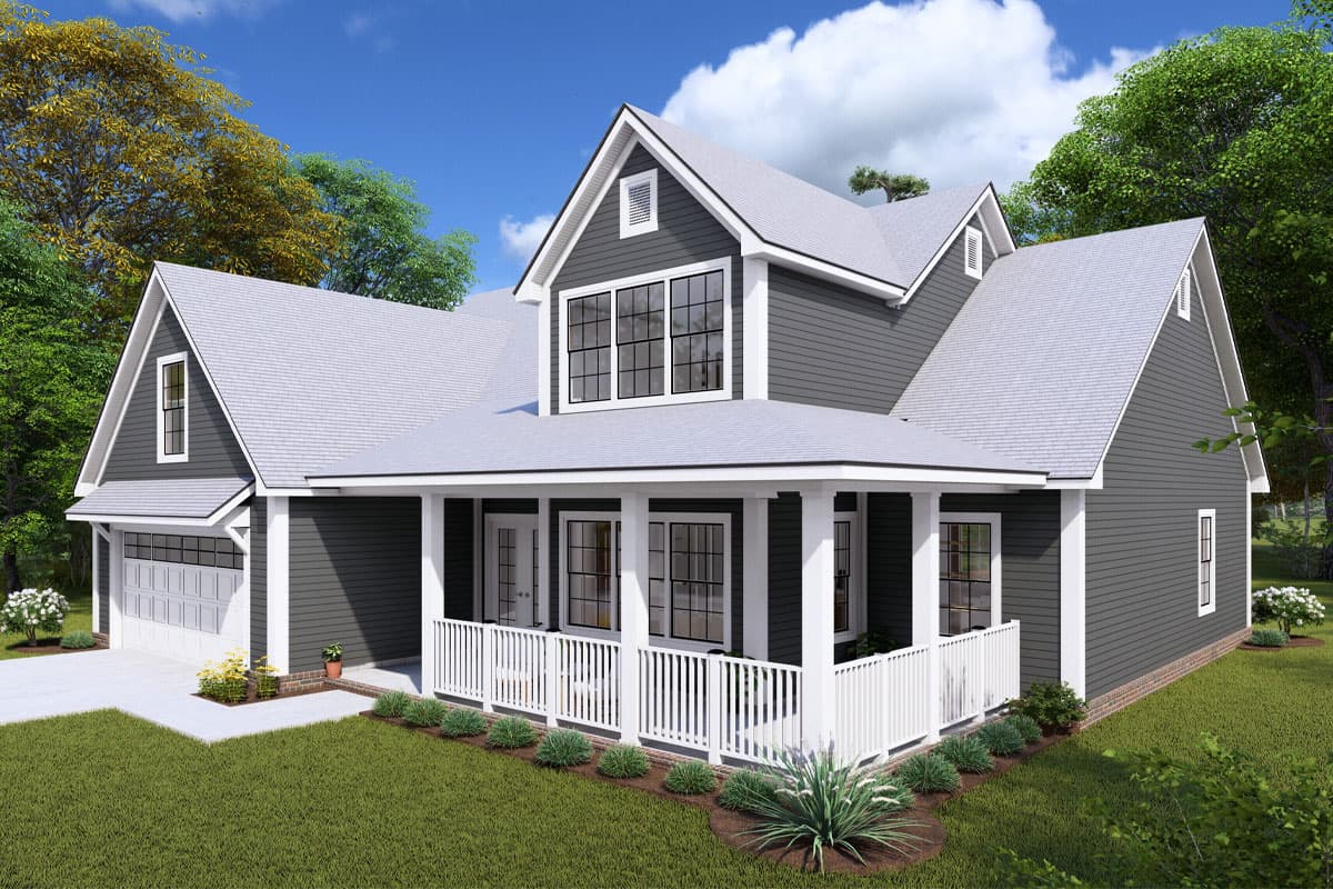House plan exterior: Two-story Modern Farmhouse with wrap-around porch, gables, and attached garage.