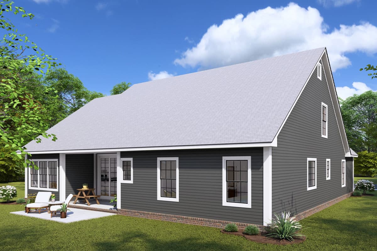 House plan exterior, two-story Modern Farmhouse with gables, dormers, and covered patio.