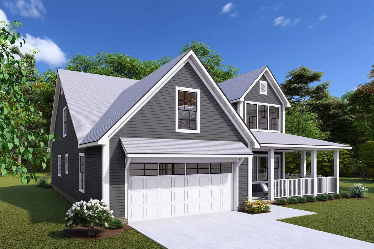House plan exterior: Two-story Modern Farmhouse with gabled roof, front porch, and attached two-car garage.