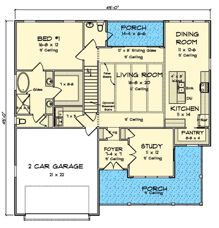 Plan 52343WM: 3-Bed Farmhouse House Plan with Bonus Game Room - 1983 Sq Ft - Floor Plan - Main Level - Country, Farmhouse, Traditional