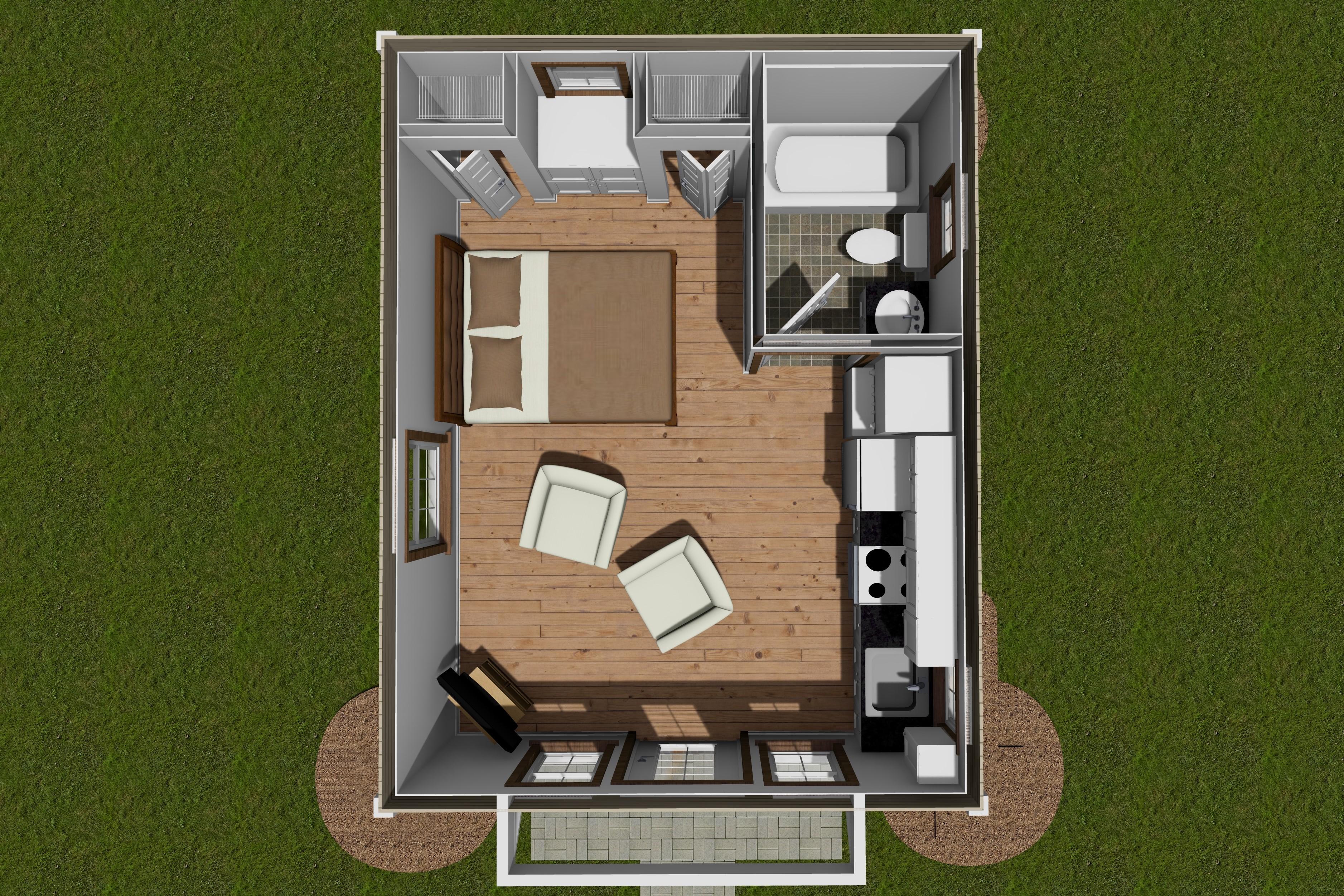 House plan exterior rendering showing a small, one-story home with a porch, dormers, and a gabled roof.