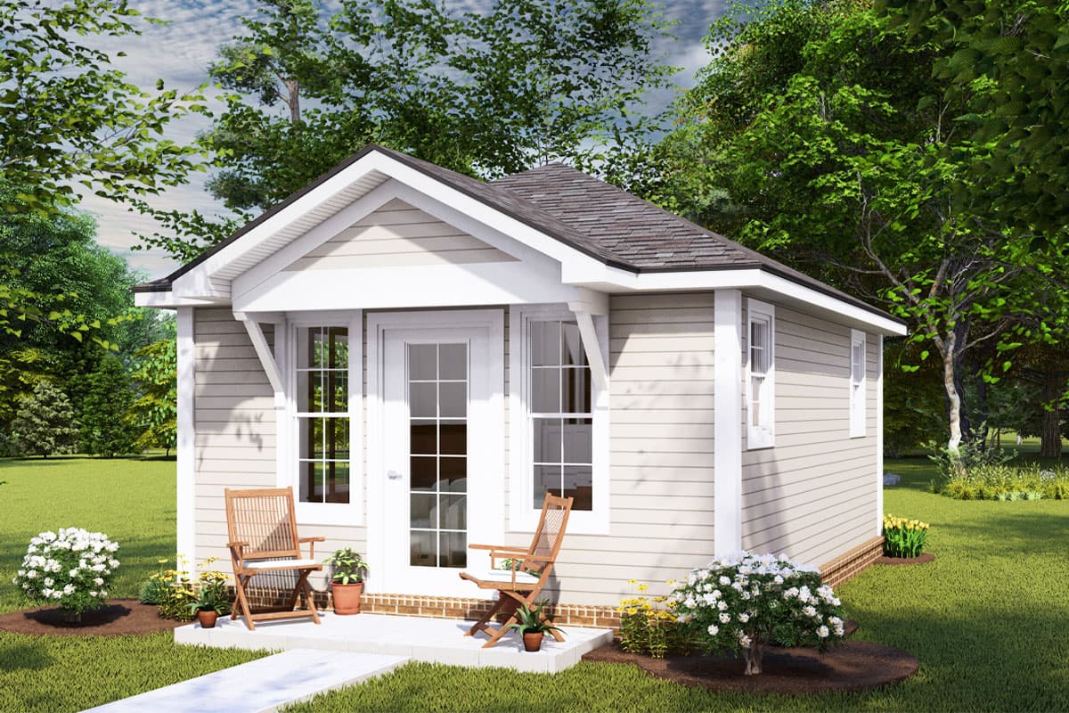 House plan exterior. One-story structure with gabled roof, French doors, and decorative brackets. Features horizontal siding and a small porch area.