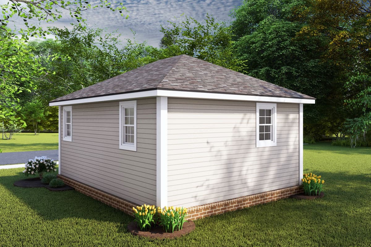 House plan exterior: One-story rectangular structure with horizontal siding, hip roof, and brick foundation.