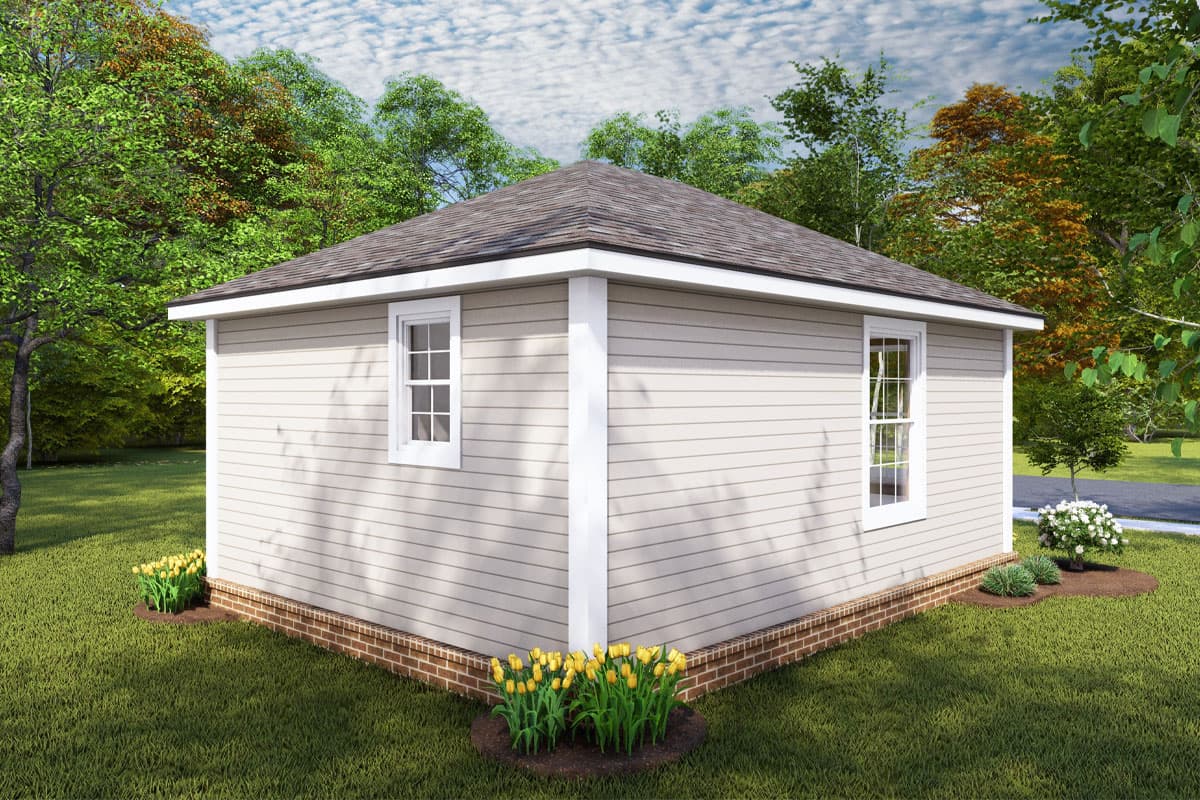 House plan exterior: one-story home with horizontal siding, brick foundation, and two visible double-hung windows.