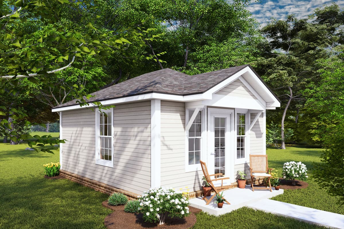 Small house plan exterior, siding, gable roof, double door entry, and two windows.