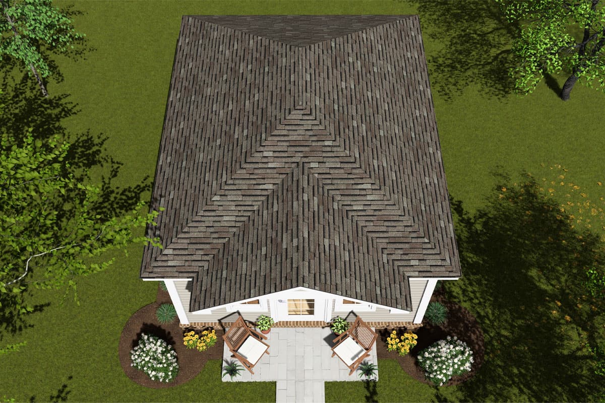 House plan exterior view from above showing a gabled roofline, symmetrical front porch with seating, and landscaping.