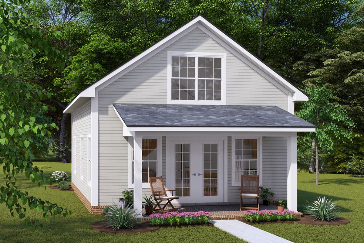 House plan exterior: Small, two-story home with a covered front porch, double doors, and a prominent gable dormer.