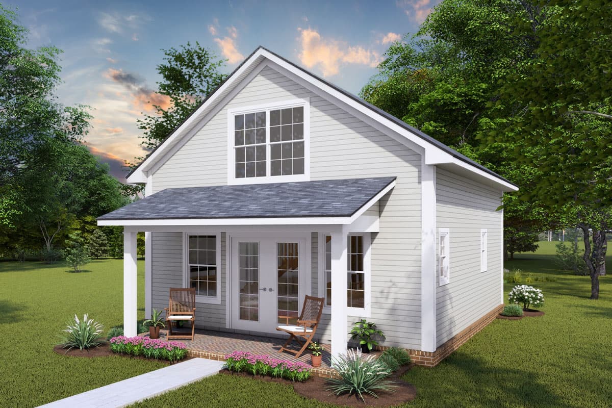 House plan exterior: Two-story Modern Farmhouse with covered front porch, double front doors, and gabled dormer window.