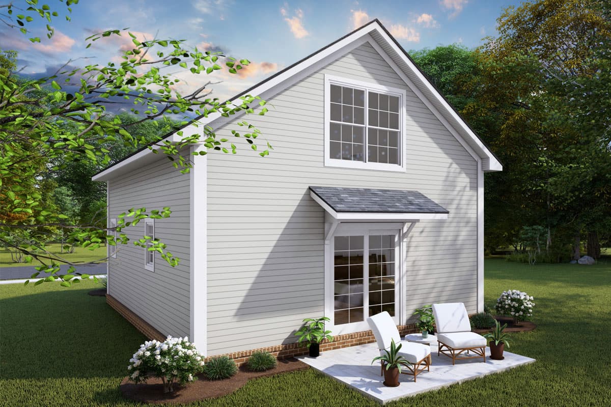 House plan exterior: Two-story gabled home with horizontal siding, a covered entryway, and upper-level window.