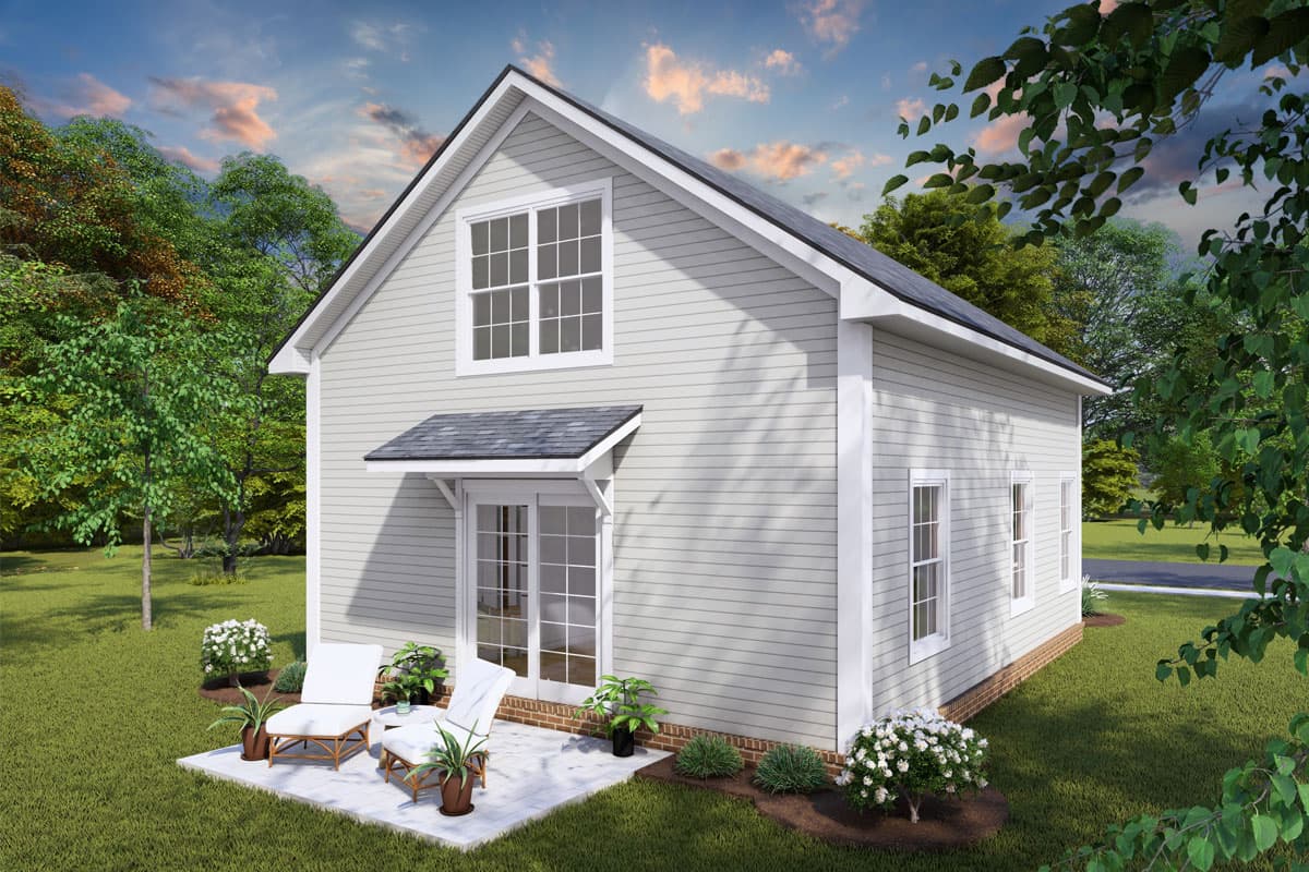Modern Farmhouse house plan exterior, two stories, gable roof, dormer window, and side entrance with patio.