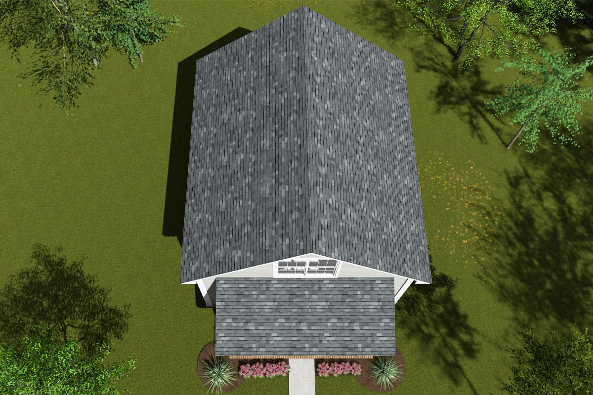 House plan exterior, gabled roof, dormer with multiple windows, single story, front entrance porch.
