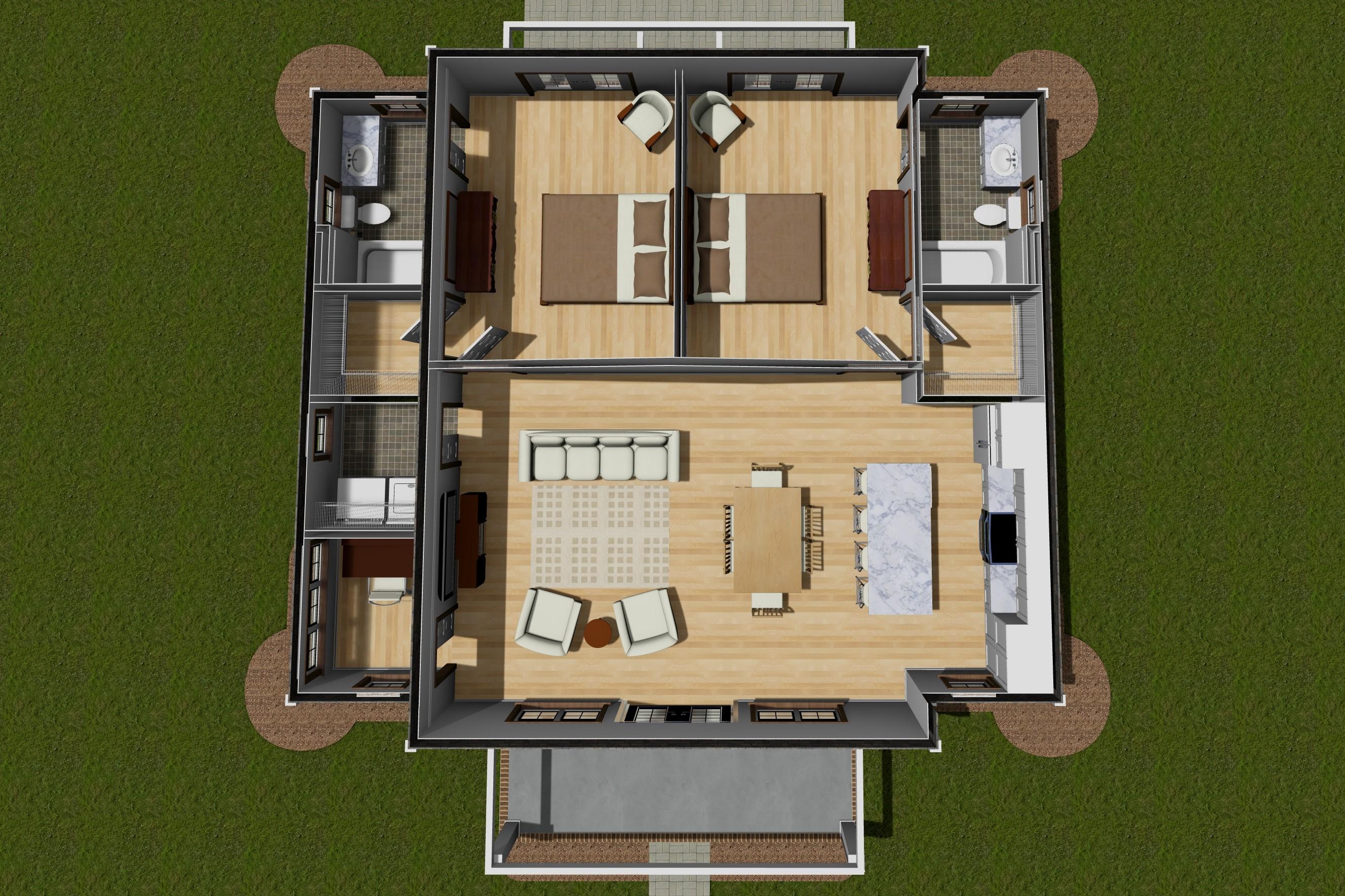 Floor plan showing a main living area with kitchen, dining, and sitting areas, plus two bedrooms with en-suite bathrooms.
